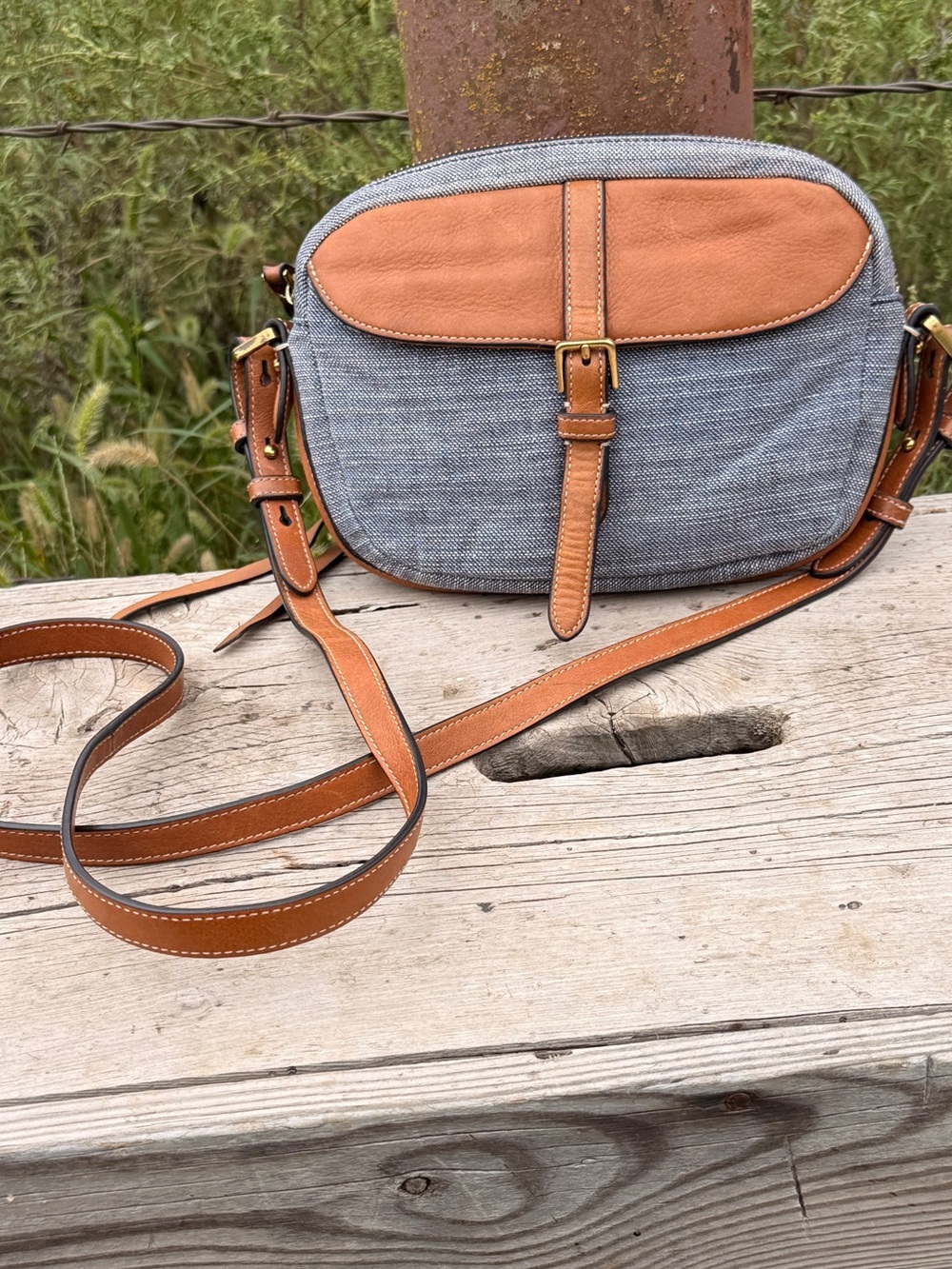 Fossil Harwell Small Flap Crossbody Blue & Brown Bag